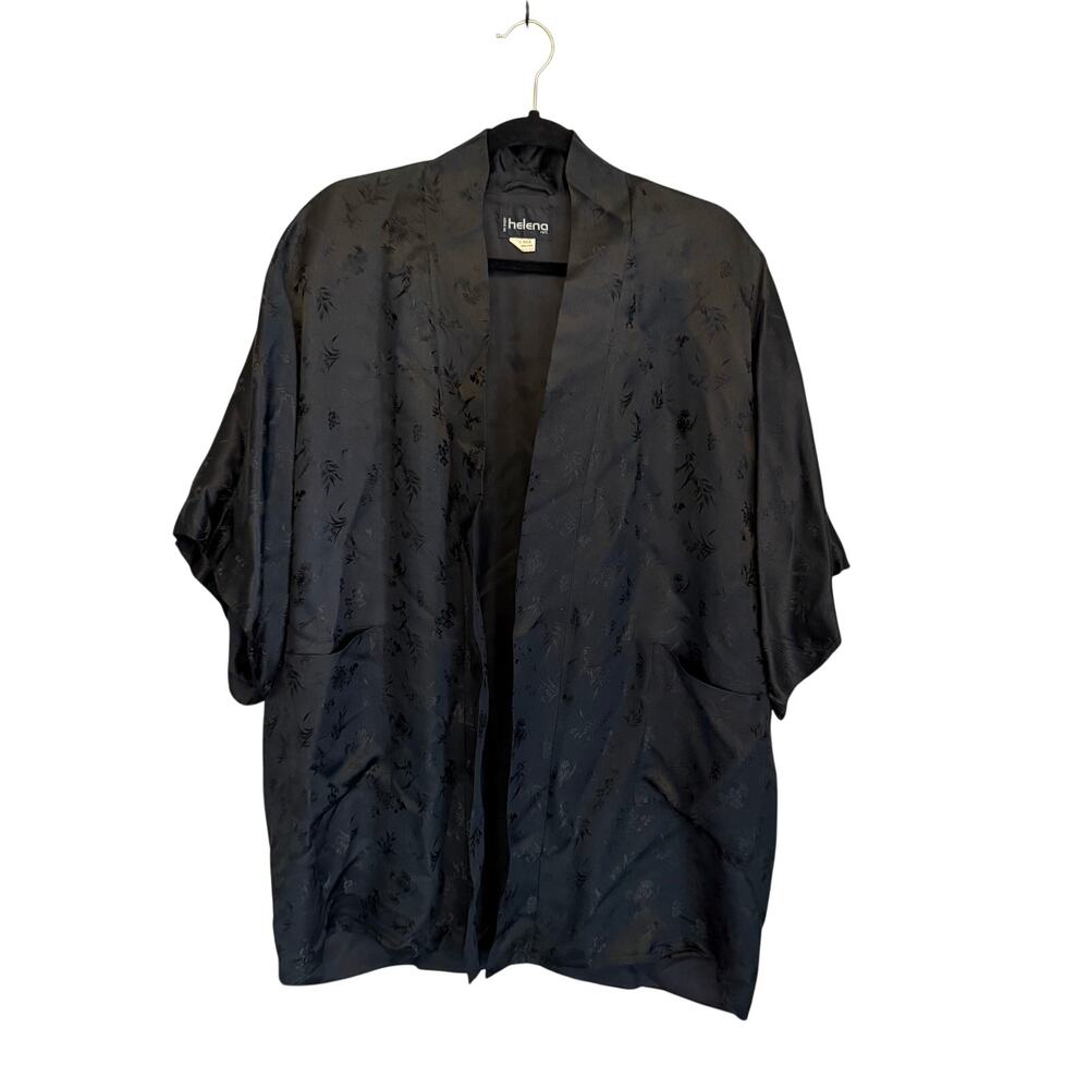 Vintage Helena Int 100% Silk Floral Jacquard Kimono Robe Large Black Lounge Luxe